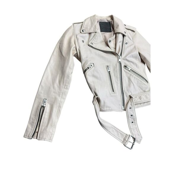 ALLSAINTS Anderson Sheepskin Leather Zip Front Biker Jacket White Size 4 US - Picture 7 of 13